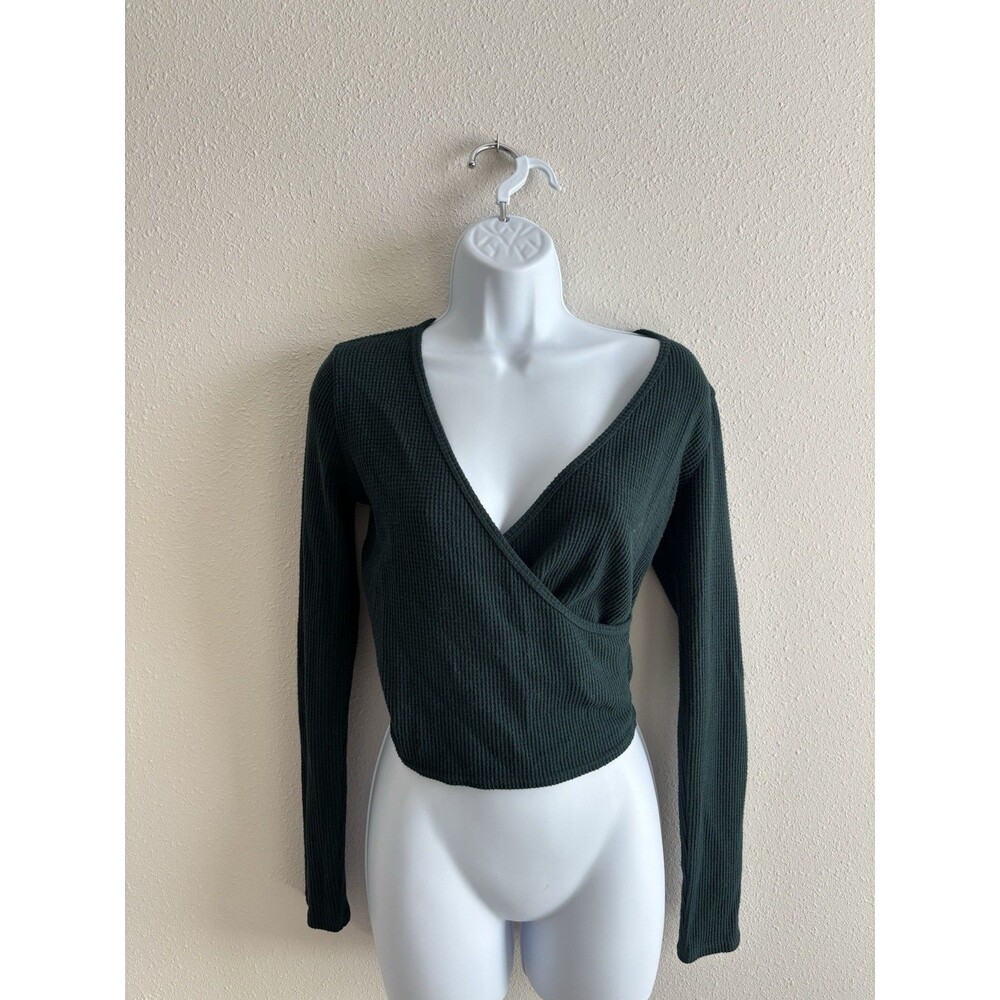 Aerie Womens Waffle Knit Surplice Top Size XS Green Yoga Pilates Ballet Core